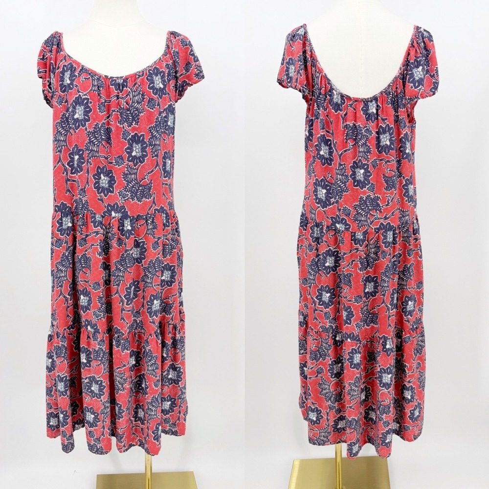 Knox Rose Red Blue Floral Tiered Midi Dress Short Sleeve Pockets L Boho Peasant